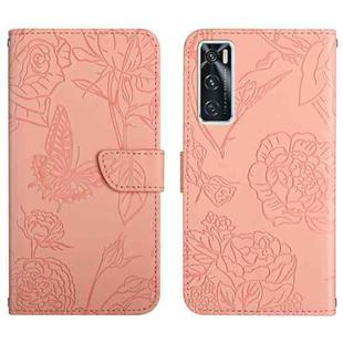 For vivo V20 SE Skin Feel Butterfly Peony Embossed Leather Phone Case(Pink)