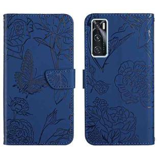For vivo V20 SE Skin Feel Butterfly Peony Embossed Leather Phone Case(Blue)