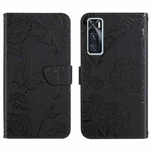 For vivo V20 SE Skin Feel Butterfly Peony Embossed Leather Phone Case(Black)