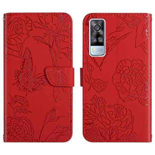 For vivo Y51 2020 Skin Feel Butterfly Peony Embossed Leather Phone Case(Red)