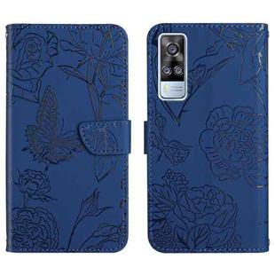 For vivo Y51 2020 Skin Feel Butterfly Peony Embossed Leather Phone Case(Blue)