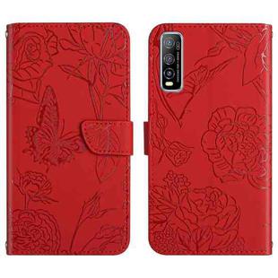 For vivo Y70s Skin Feel Butterfly Peony Embossed Leather Phone Case(Red)