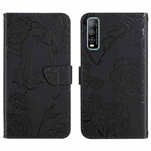 For vivo Y70s Skin Feel Butterfly Peony Embossed Leather Phone Case(Black)