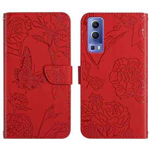 For vivo Y72 5G Skin Feel Butterfly Peony Embossed Leather Phone Case(Red)