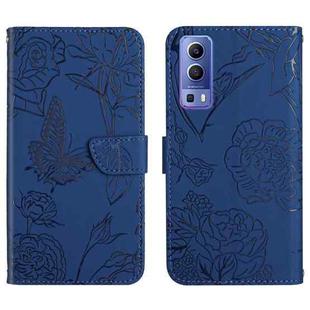 For vivo Y72 5G Skin Feel Butterfly Peony Embossed Leather Phone Case(Blue)