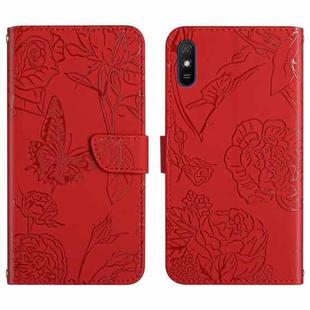 For Xiaomi Redmi 9A Skin Feel Butterfly Peony Embossed Leather Phone Case(Red)
