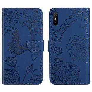 For Xiaomi Redmi 9A Skin Feel Butterfly Peony Embossed Leather Phone Case(Blue)