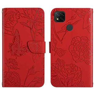 For Xiaomi Redmi 9C Skin Feel Butterfly Peony Embossed Leather Phone Case(Red)