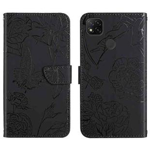 For Xiaomi Redmi 9C Skin Feel Butterfly Peony Embossed Leather Phone Case(Black)