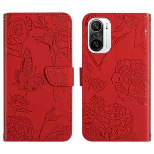 For Xiaomi Redmi K40 Skin Feel Butterfly Peony Embossed Leather Phone Case(Red)
