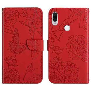 For Xiaomi Redmi Note 7 Skin Feel Butterfly Peony Embossed Leather Phone Case(Red)