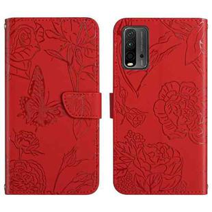 For Xiaomi Redmi Note 9 4G Skin Feel Butterfly Peony Embossed Leather Phone Case(Red)