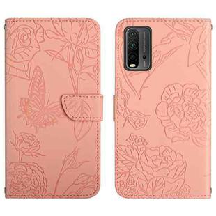 For Xiaomi Redmi Note 9 4G Skin Feel Butterfly Peony Embossed Leather Phone Case(Pink)