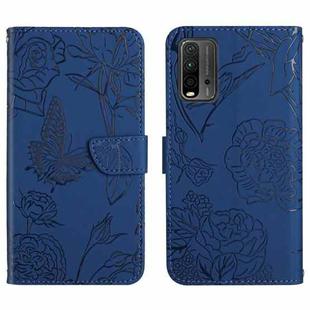 For Xiaomi Redmi Note 9 4G Skin Feel Butterfly Peony Embossed Leather Phone Case(Blue)