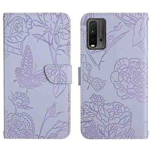 For Xiaomi Redmi Note 9 4G Skin Feel Butterfly Peony Embossed Leather Phone Case(Purple)