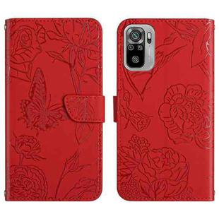 For Xiaomi Redmi Note 10 4G Skin Feel Butterfly Peony Embossed Leather Phone Case(Red)