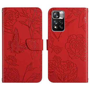 For Xiaomi Redmi Note 11 5G Chinese Version Skin Feel Butterfly Peony Embossed Leather Phone Case(Red)