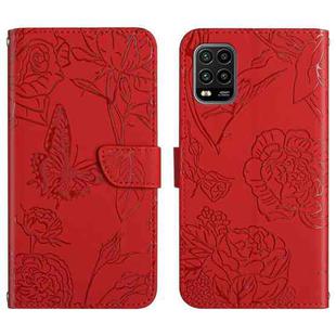 For Xiaomi Mi 10 Lite 5G Skin Feel Butterfly Peony Embossed Leather Phone Case(Red)