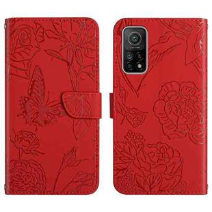 For Xiaomi Mi 10T 5G Skin Feel Butterfly Peony Embossed Leather Phone Case(Red)