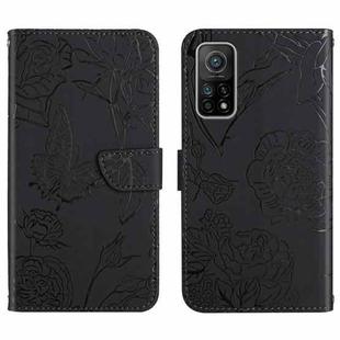 For Xiaomi Mi 10T 5G Skin Feel Butterfly Peony Embossed Leather Phone Case(Black)