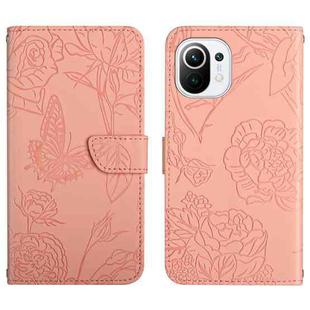 For Xiaomi Mi 11 Lite Skin Feel Butterfly Peony Embossed Leather Phone Case(Pink)