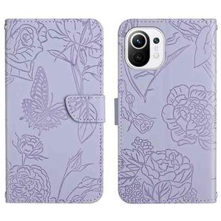 For Xiaomi Mi 11 Lite Skin Feel Butterfly Peony Embossed Leather Phone Case(Purple)