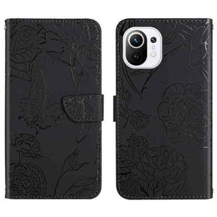 For Xiaomi Mi 11 Lite Skin Feel Butterfly Peony Embossed Leather Phone Case(Black)