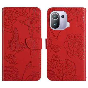 For Xiaomi Mi 11 Pro Skin Feel Butterfly Peony Embossed Leather Phone Case(Red)