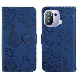 For Xiaomi Mi 11 Pro Skin Feel Butterfly Peony Embossed Leather Phone Case(Blue)