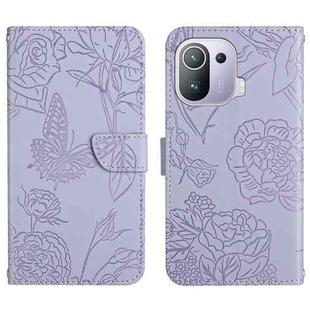 For Xiaomi Mi 11 Pro Skin Feel Butterfly Peony Embossed Leather Phone Case(Purple)