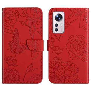 For Xiaomi 12 / 12 Pro Skin Feel Butterfly Peony Embossed Leather Phone Case(Red)