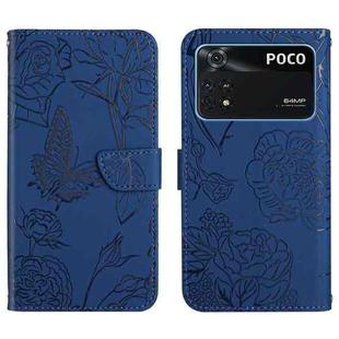 For Xiaomi Poco M4 Pro 4G Skin Feel Butterfly Peony Embossed Leather Phone Case(Blue)