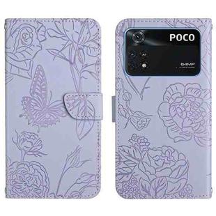 For Xiaomi Poco M4 Pro 4G Skin Feel Butterfly Peony Embossed Leather Phone Case(Purple)