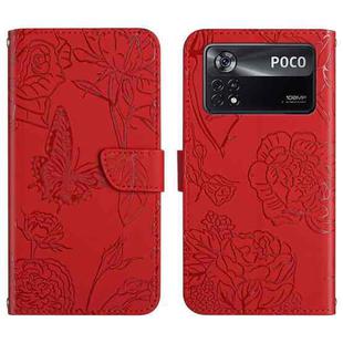 For Xiaomi Poco X4 Pro 5G Skin Feel Butterfly Peony Embossed Leather Phone Case(Red)