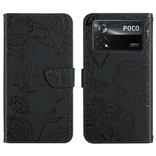 For Xiaomi Poco X4 Pro 5G Skin Feel Butterfly Peony Embossed Leather Phone Case(Black)