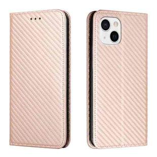 For iPhone 13 Carbon Fiber Texture Flip Holder Leather Phone Case(Rose Gold)