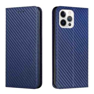 For iPhone 13 Pro Carbon Fiber Texture Flip Holder Leather Phone Case (Blue)