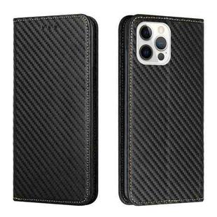 For iPhone 13 Pro Max Carbon Fiber Texture Flip Holder Leather Phone Case (Black)