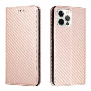 For iPhone 13 Pro Max Carbon Fiber Texture Flip Holder Leather Phone Case (Rose Gold)