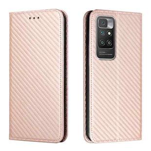 For Xiaomi Redmi 10 Carbon Fiber Texture Flip Holder Leather Phone Case(Rose Gold)