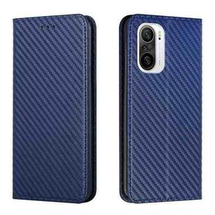 For Xiaomi Redmi K40 Carbon Fiber Texture Flip Holder Leather Phone Case(Blue)