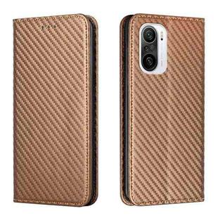 For Xiaomi Redmi K40 Carbon Fiber Texture Flip Holder Leather Phone Case(Brown)