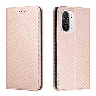 For Xiaomi Redmi K40 Carbon Fiber Texture Flip Holder Leather Phone Case(Rose Gold)