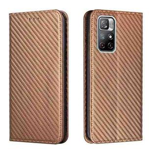 For Xiaomi Redmi Note 11 5G CN Version Carbon Fiber Texture Flip Holder Leather Phone Case(Brown)