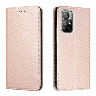 For Xiaomi Redmi Note 11 5G CN Version Carbon Fiber Texture Flip Holder Leather Phone Case(Rose Gold)