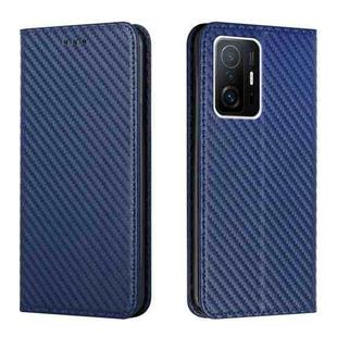 For Xiaomi Mi 11T Carbon Fiber Texture Flip Holder Leather Phone Case(Blue)