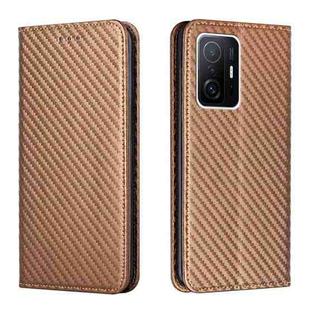 For Xiaomi Mi 11T Carbon Fiber Texture Flip Holder Leather Phone Case(Brown)
