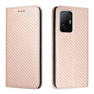 For Xiaomi Mi 11T Carbon Fiber Texture Flip Holder Leather Phone Case(Rose Gold)