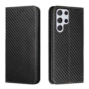 For Samsung Galaxy S22 Ultra 5G Carbon Fiber Texture Flip Holder Leather Phone Case(Black)