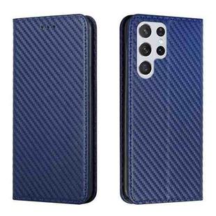 For Samsung Galaxy S22 Ultra 5G Carbon Fiber Texture Flip Holder Leather Phone Case(Blue)
